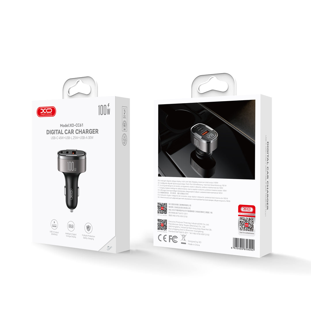 XO CC61 Car Charger PD QC 3.0 100W 1x USB 1x USB-C 1x Lightning Grey